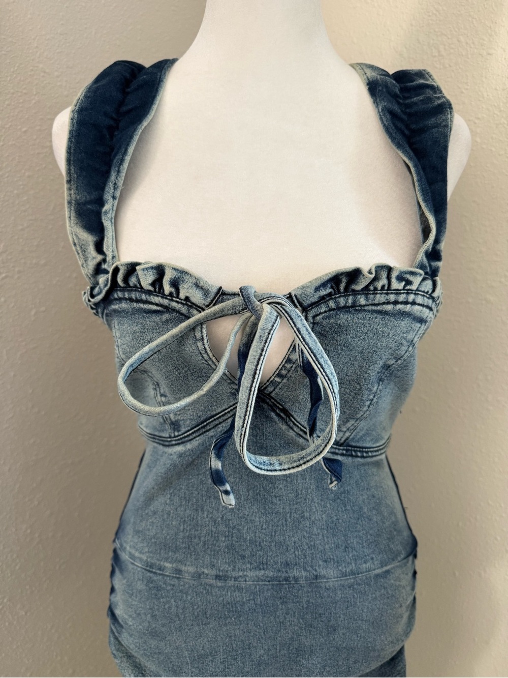 Acid Wash Denim Ruched Corset Ruffle Bodycon Mini Dress One Size NWT - Picture 2 of 8